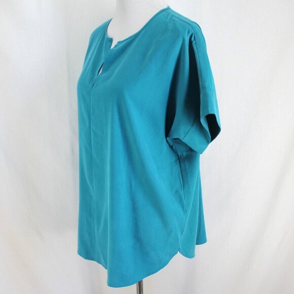 Eileen Fisher Top Womens Size M Teal Blue Short Sleeve Split V Neck Lyocell - Picture 3 of 7